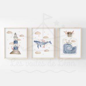 Affiches Mer Phare Baleine Bateau – Trio Aquarelles