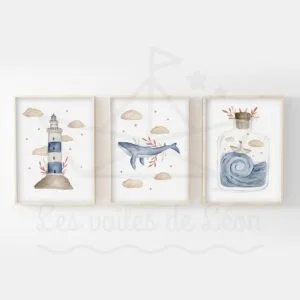 Affiches Mer Phare Baleine Bateau – Trio Aquarelles