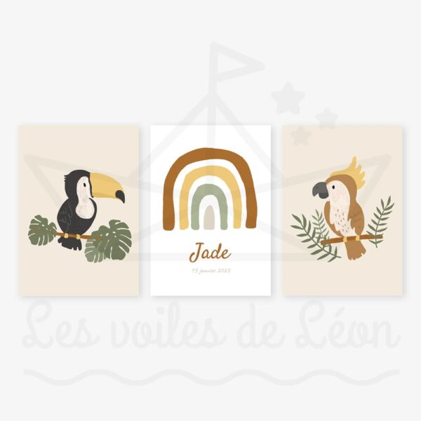 affiches toucan arc-en-ciel perroquet beige prénom date