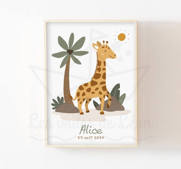 Affiche jungle enfant prénom déco personnalisée girafe savane