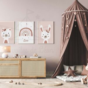 Affiches animaux fleurs – Chat Arc en ciel Lapin