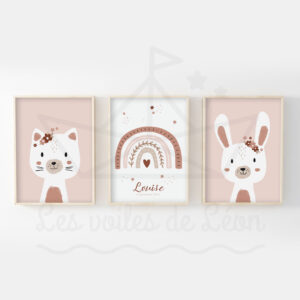 Affiches animaux fleurs – Chat Arc en ciel Lapin
