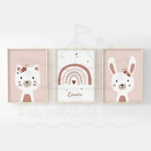 Affiches animaux fleurs – Chat Arc en ciel Lapin