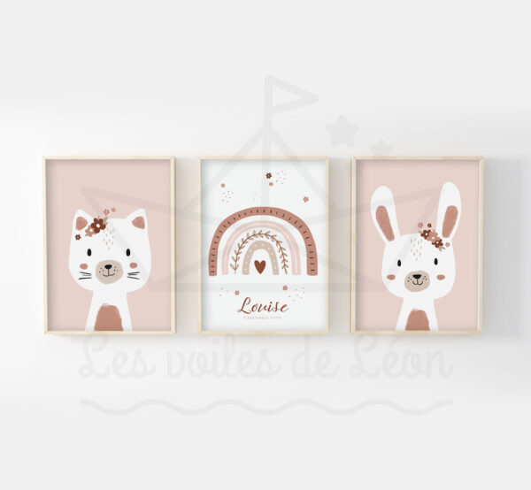 Déco chambre fille arc en ciel Lot 3 affiches bébé animaux fleurs