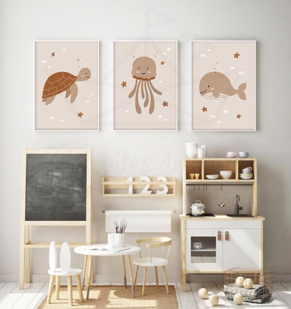 cadres tortue méduse baleine beige prénom date déco bébé