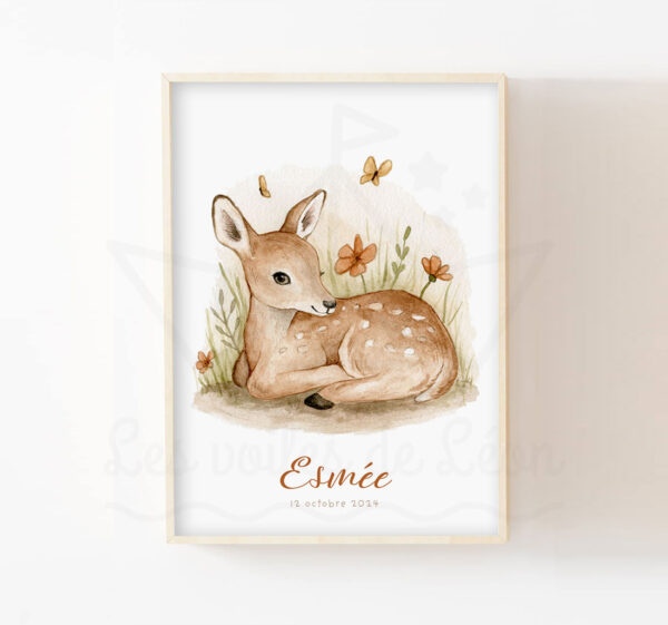 Affiche animaux de la foret décoration prénom chambre bébé faon