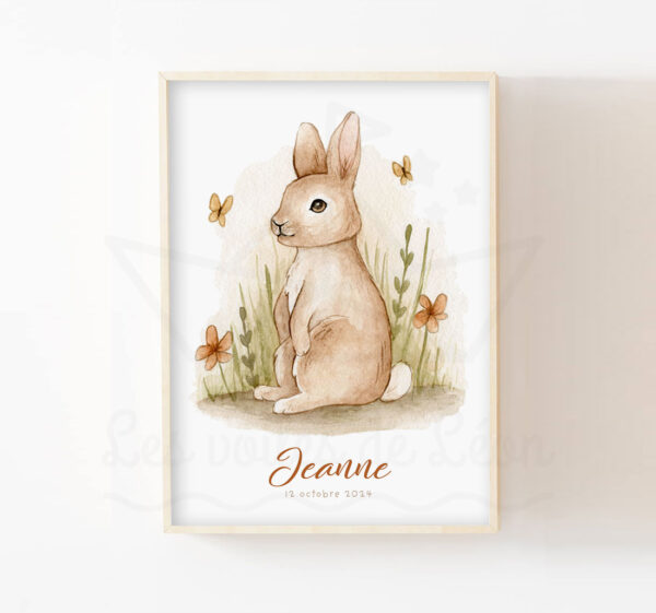 Affiche personnalisée bébé lapin décoration prénom animaux forêt