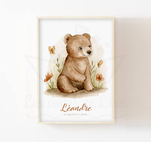 Affiche enfant ours décoration personnalisée chambre bébé forêt