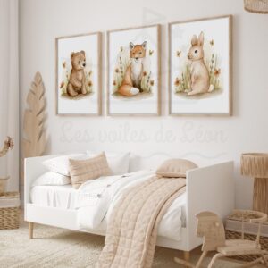 Forêt Ours Renard Lapin Trio Aquarelles