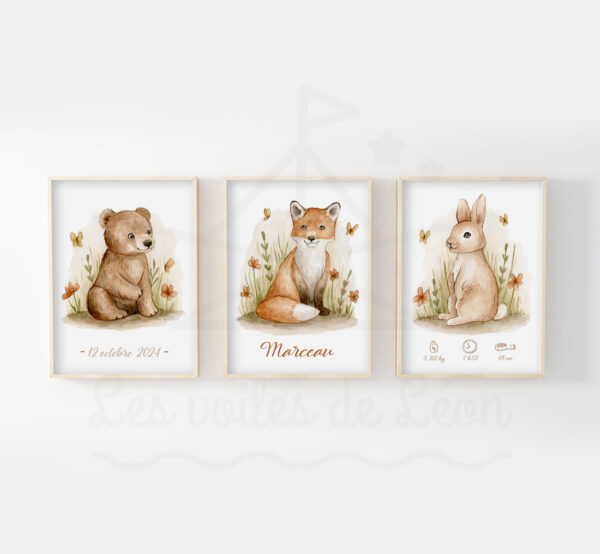 Décoration chambre bébé forêt - Lot affiches Ours Renard Lapin personnalisé