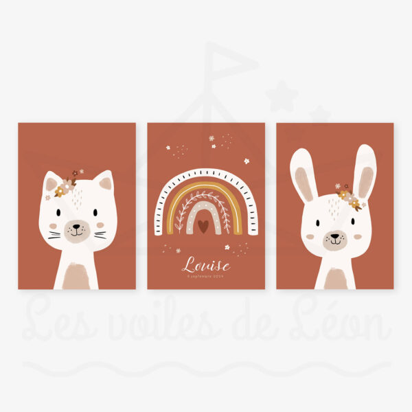 affiches chat arc-en-ciel lapin terracotta prénom date déco bohème enfant