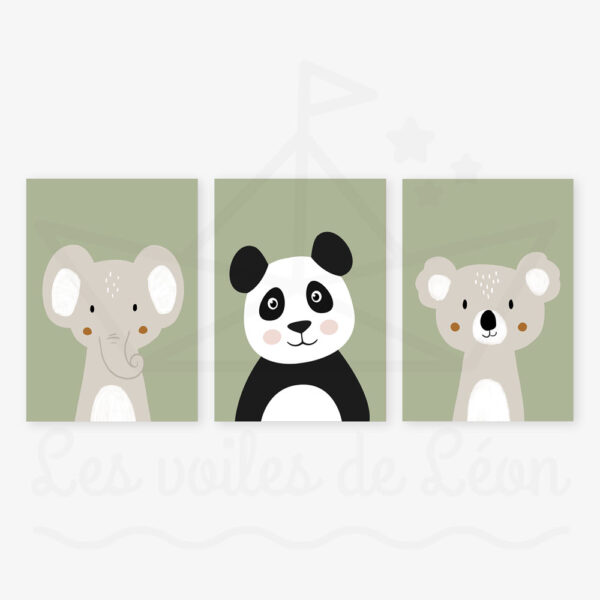 affiches éléphant panda koala vert olive déco chambre enfant jungle