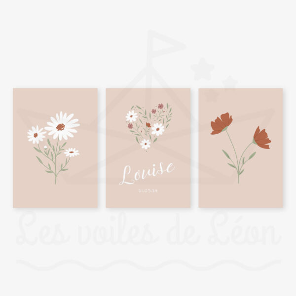 affiches fleurs prénom date rose poudré