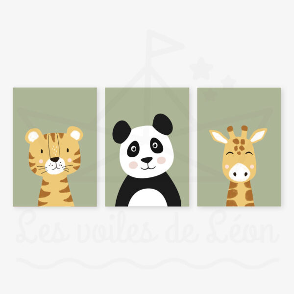 affiches tigre panda girafe vert olive déco murale chambre bébé animaux