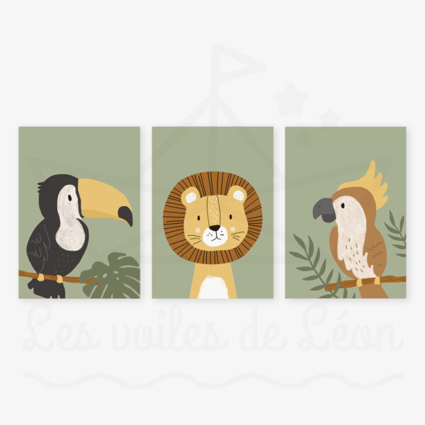 affiches jungle enfant toucan lion perroquet vert olive