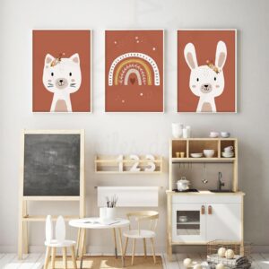 Affiches bohème terracotta – Chat Arc en ciel Lapin