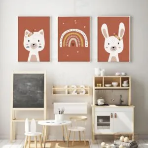 Affiches bohème terracotta – Chat Arc en ciel Lapin