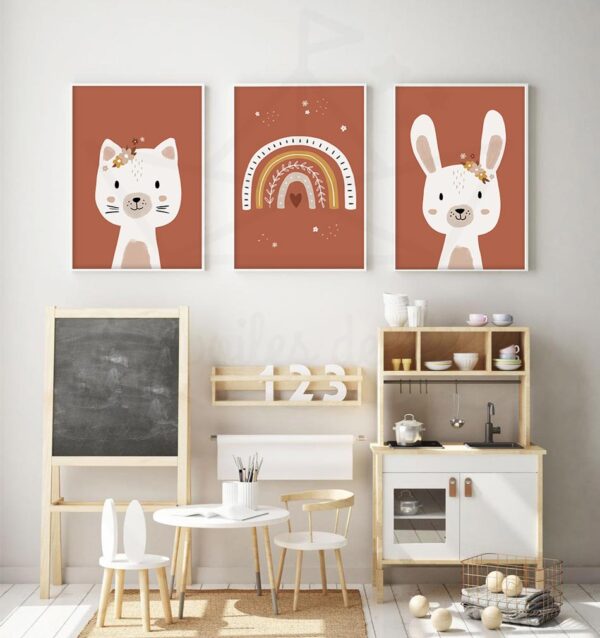 cadres chat arc-en-ciel lapin terracotta déco murale chambre bébé