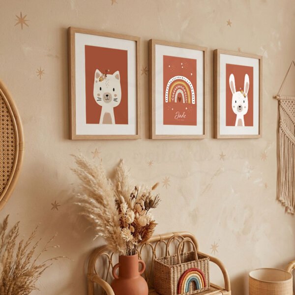 cadres chat arc-en-ciel lapin terracotta déco murale personnalisée chambre fille fleurs