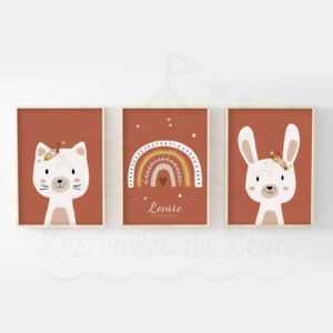 Affiches bohème terracotta – Chat Arc en ciel Lapin