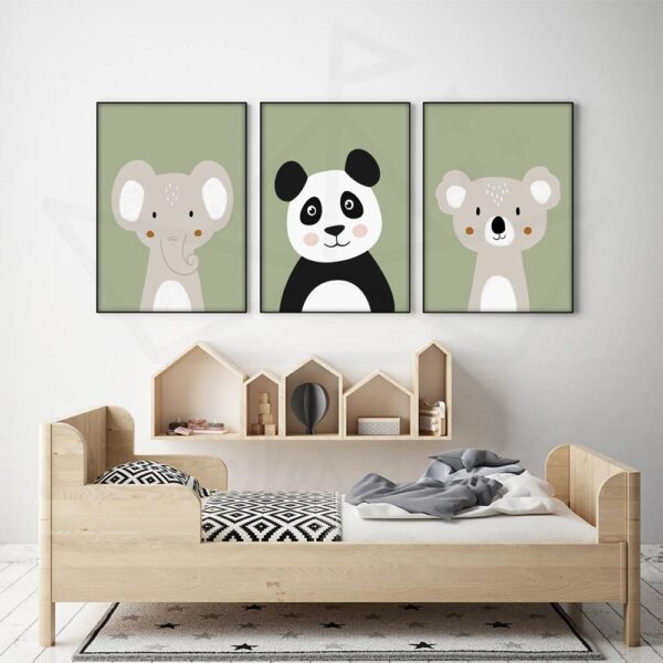 cadres éléphant panda koala vert olive déco murale chambre jungle