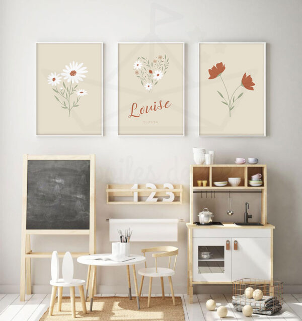 cadres fleurs prénom date beige décoration murale florale