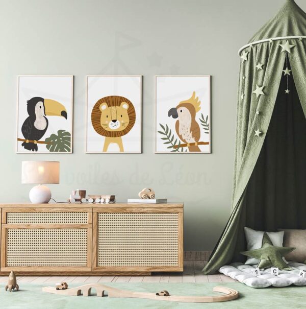 cadres jungle enfant toucan lion perroquet blanc décoration murale bébé savane