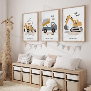 Véhicules Chantier – Tractopelle Camion benne Pelleteuse – Trio Affiches