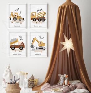 cadres tractopelle camion benne pelleteuse camion toupie marron déco chambre garçon