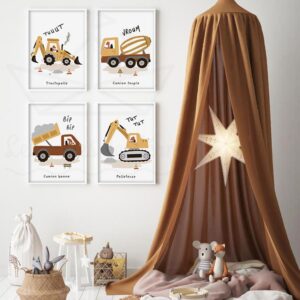 Véhicules chantier – Tractopelle Camion benne Pelleteuse Camion toupie – Lot 4 affiches