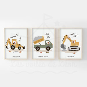 Véhicules Chantier – Tractopelle Camion benne Pelleteuse – Trio Affiches