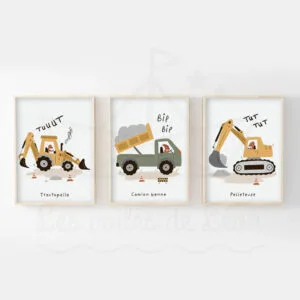 Véhicules Chantier – Tractopelle Camion benne Pelleteuse – Trio Affiches
