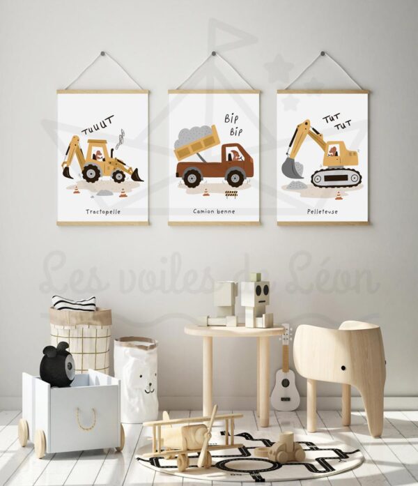 affiches tractopelle camion benne pelleteuse marron déco chambre enfant garçon dinosaures