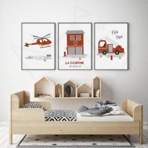 Affiches enfant pompier – Hélicoptère Caserne et Camion