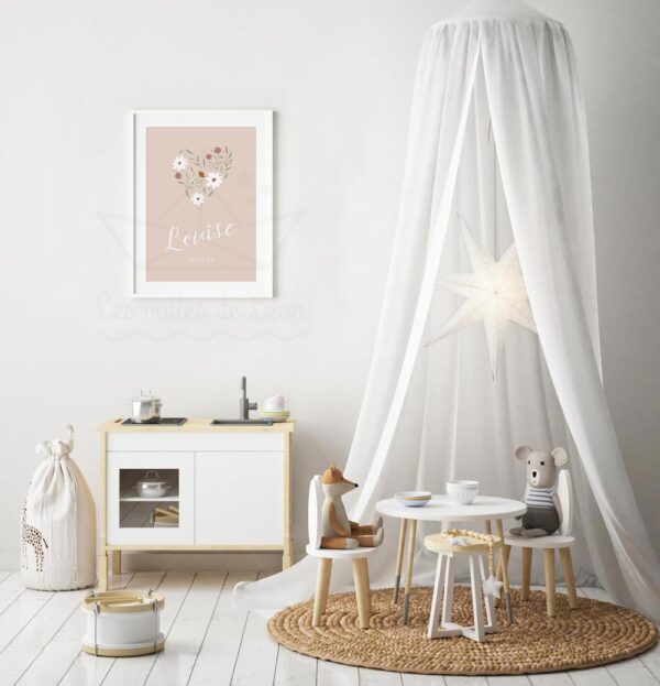 cadre coeur prénom date rose poudré déco chambre fille boho