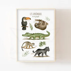 Affiche éducative Animaux jungle – Aquarelle individuelle