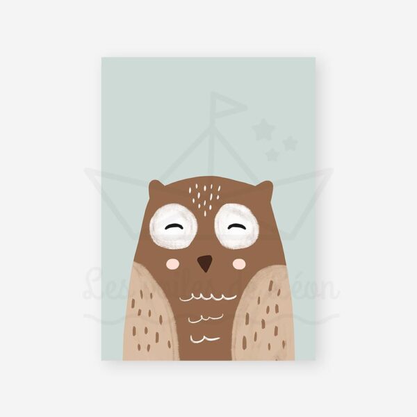 affiche hibou beige fond bleu céladon