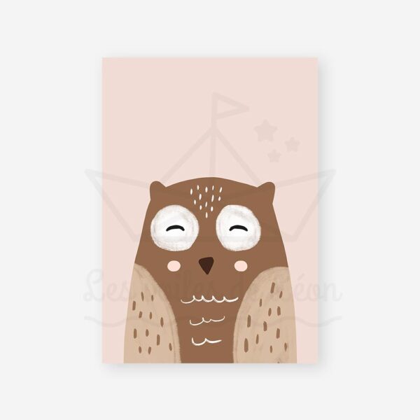 affiche hibou beige fond rose poudré