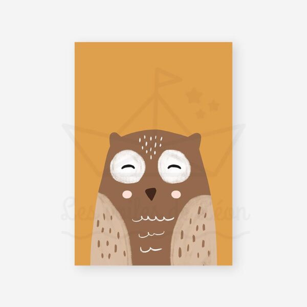 affiche hibou beige fond jaune moutarde