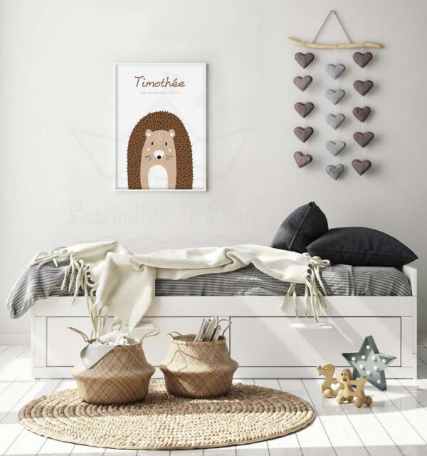 cadre hérisson animal forêt fond blanc prénom date décoration chambre bébé personnalisée