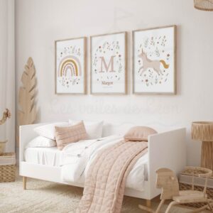 Affiche licorne chambre fille – Initiale prénom & arc-en-ciel