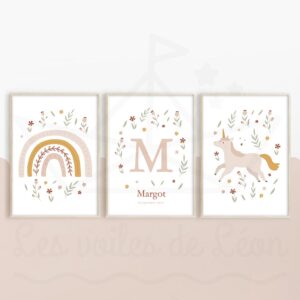 Affiche licorne chambre fille – Initiale prénom & arc-en-ciel