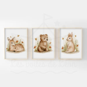 Forêt Faon Ours Lapin Trio Aquarelles