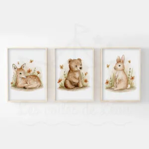 Lot de 3 Affiches Animaux du Printemps – Collection Aquarelle Faon, Ours et Lapin dans l&rsquo;Herbe