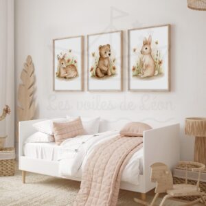 Forêt Faon Ours Lapin Trio Aquarelles