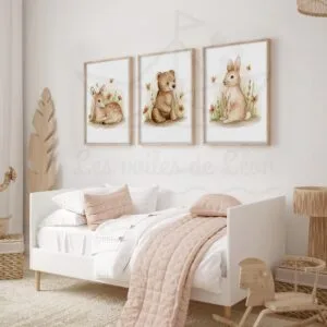 Lot de 3 Affiches Animaux du Printemps – Collection Aquarelle Faon, Ours et Lapin dans l&rsquo;Herbe