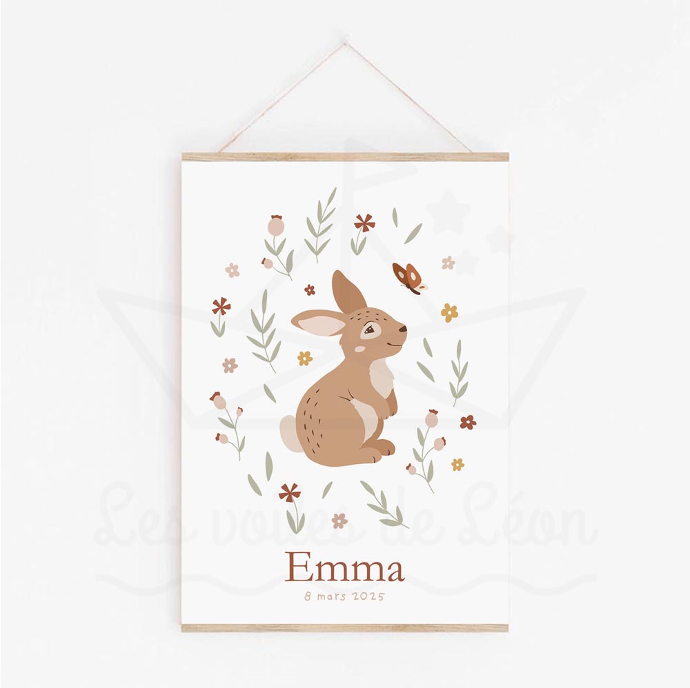 Poster lapin enfant - Décoration florale animaux forêt rose et vert prénom