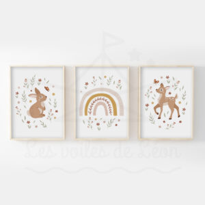 Affiches bohème chambre bébé rose et vert – Lapin arc-en-ciel Biche