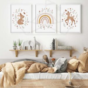 Affiches bohème chambre bébé rose et vert – Lapin arc-en-ciel Biche