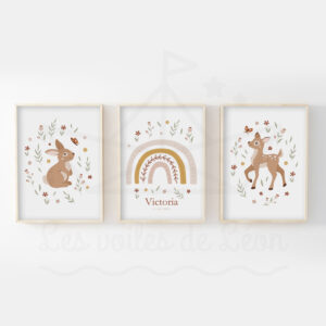 Trio d’affiches Lapin, Arc-en-ciel et Biche